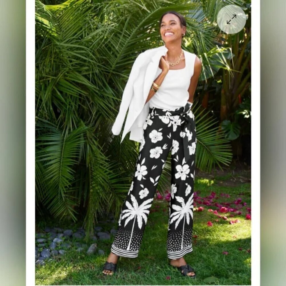 New with Tags Talbots Floral Black and White Wide-Leg Pants sz small